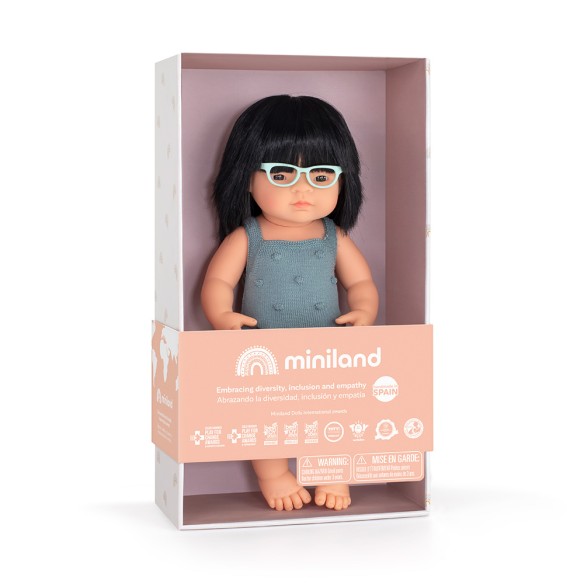 MUÑECA ASIÁTICA CON GAFAS 38cm (pelele plomo)
