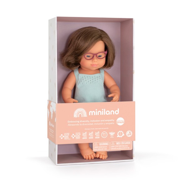MUÑECA CAUCÁSICA SINDROME DE DOWN CON GAFAS 38cm (pelele turquesa)