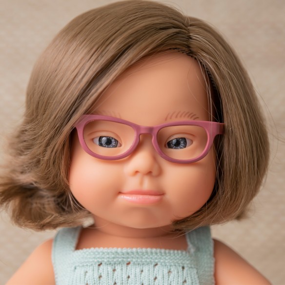 MUÑECA CAUCÁSICA SINDROME DE DOWN CON GAFAS 38cm (pelele turquesa)