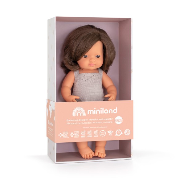 MUÑECA CAUCÁSICA CASTAÑA 38cm (pelele gris)